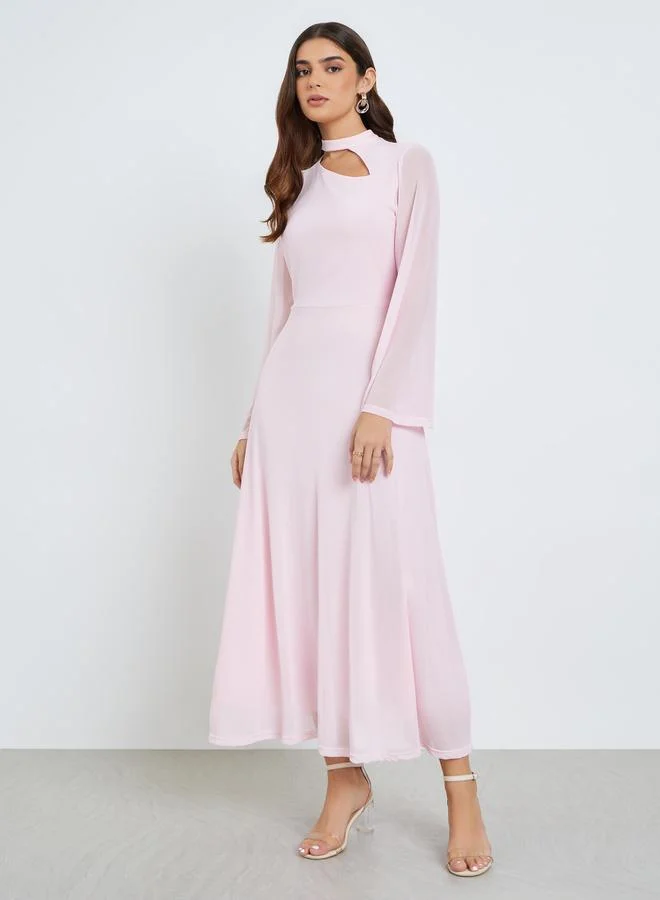 Styli Women Pink Bell Sleeve A-Line Maxi Dress